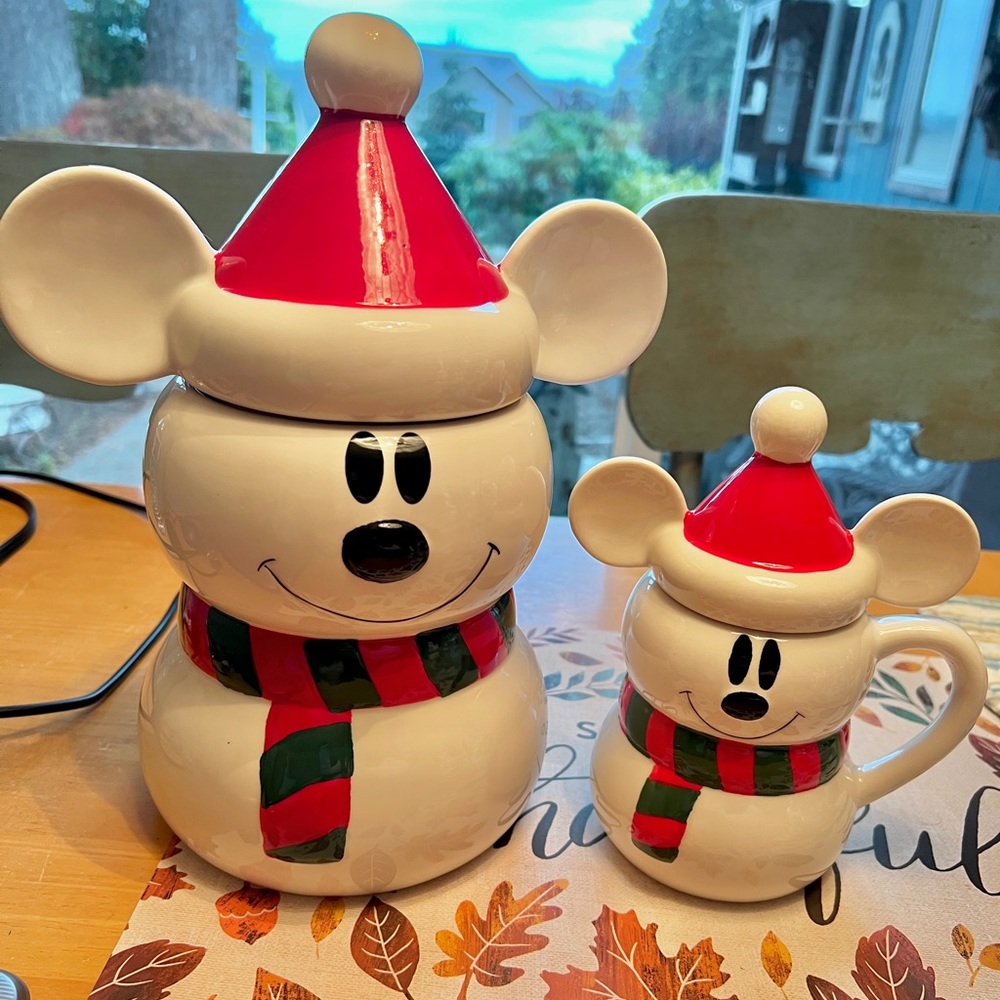 Disney Mickey snowman cookie jar and mug with Santa hat